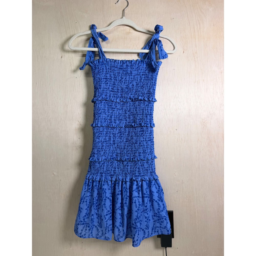 Chouyatou Smocked Mini Dress Womens Small Blue Excellent Floral Tie Shoulder‎